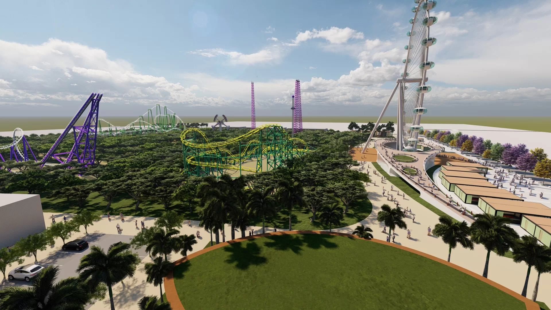 A imagem apresenta uma proporção em 3D do Polo Turístico de Cabo Branco da WAM Experience. O complexo está repleto de atrações emocionantes, incluindo montanhas-russas de alta velocidade e a imponente roda-gigante, que se destaca à direita. A roda-gigante oferece uma visão panorâmica incrível da área e será um dos principais pontos turísticos do projeto. Em primeiro plano, pode-se ver um looping colorido de montanha-russa com cores vibrantes, em verde e roxo, complementado por outras atrações radicais. As áreas de convivência e os espaços de lazer estão cuidadosamente integrados à vegetação exuberante, com trilhas e calçadões por onde circulam os visitantes. O design é cuidadosamente planejado para integrar modernidade e a beleza natural do Cabo Branco, criando uma experiência única para turistas e moradores. A imagem também mostra algumas áreas comerciais e de descanso, evidenciando a infraestrutura voltada para a conveniência e o conforto dos visitantes, com uma excelente integração entre o ambiente natural e as modernas instalações. O Polo Turístico de Cabo Branco será uma verdadeira referência em entretenimento e turismo no Brasil.